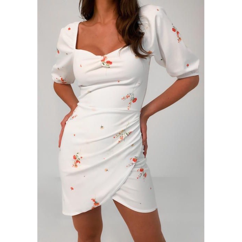 NWT Missguided Floral Puff Sleeves White Mini Dress Size 10 Cottage Girly Spring
